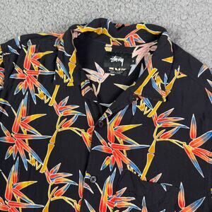 Stussy Shirt Mens Small Black Floral Hawaiian Camp Loop Collar Short Sleeve